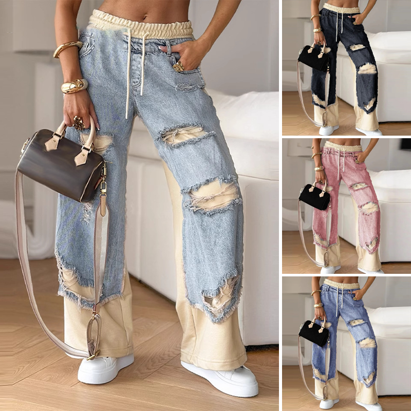 🍁Tilbud på tidligt efterår✨ Patchwork denimbukser med elastisk talje og vide ben