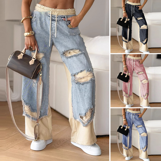 🍁Tilbud på tidligt efterår✨ Patchwork denimbukser med elastisk talje og vide ben