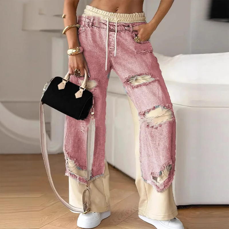 🍁Tilbud på tidligt efterår✨ Patchwork denimbukser med elastisk talje og vide ben