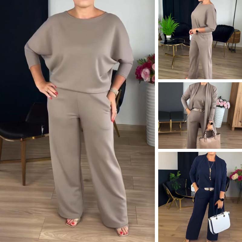 Elegant 3-delt sæt med lang cardigan, top og bukser