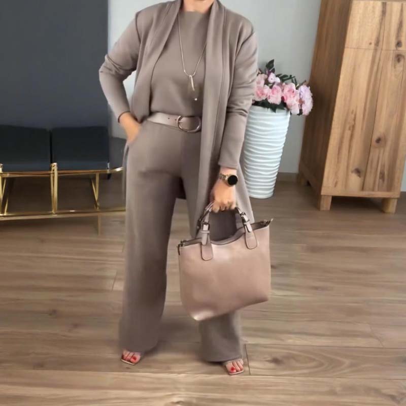 Elegant 3-delt sæt med lang cardigan, top og bukser