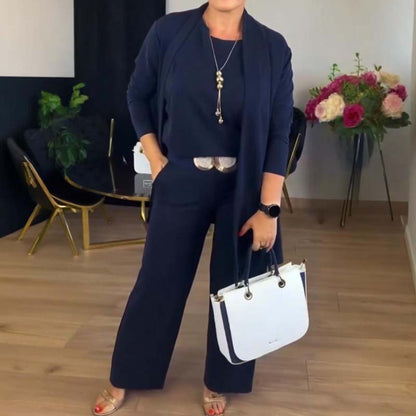 Elegant 3-delt sæt med lang cardigan, top og bukser