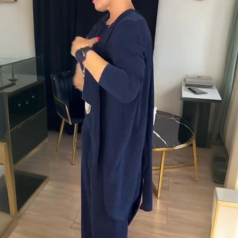 Elegant 3-delt sæt med lang cardigan, top og bukser