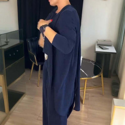 Elegant 3-delt sæt med lang cardigan, top og bukser